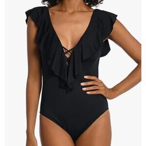 La Blanca Black Tummy Control Ruffle V-Neck One-Piece Swimsuit Size 16 NWT